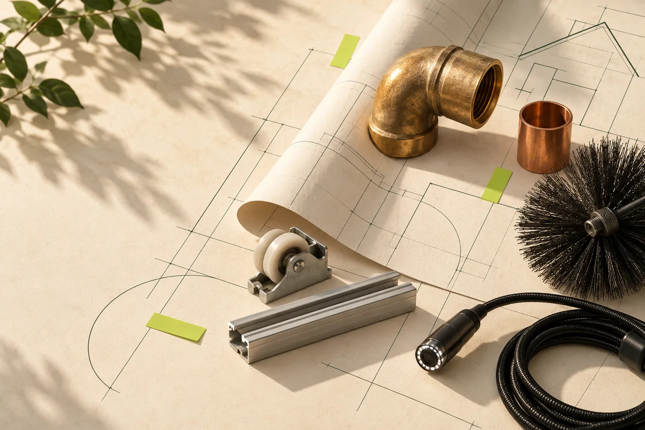 Conceptual still life of trade tools on an architectural paper plan